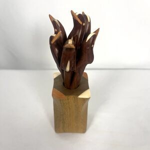 Vintage Mid-Century Modern Birds On A Perch 6 Cocktail Pick Set Geometric Base